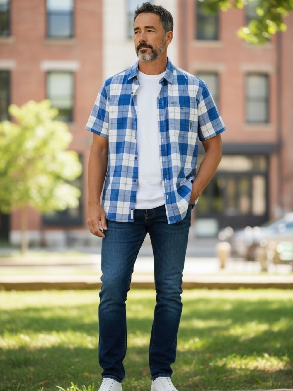 Casual Blue Plaid Short-Sleeve Button-Down Shirt